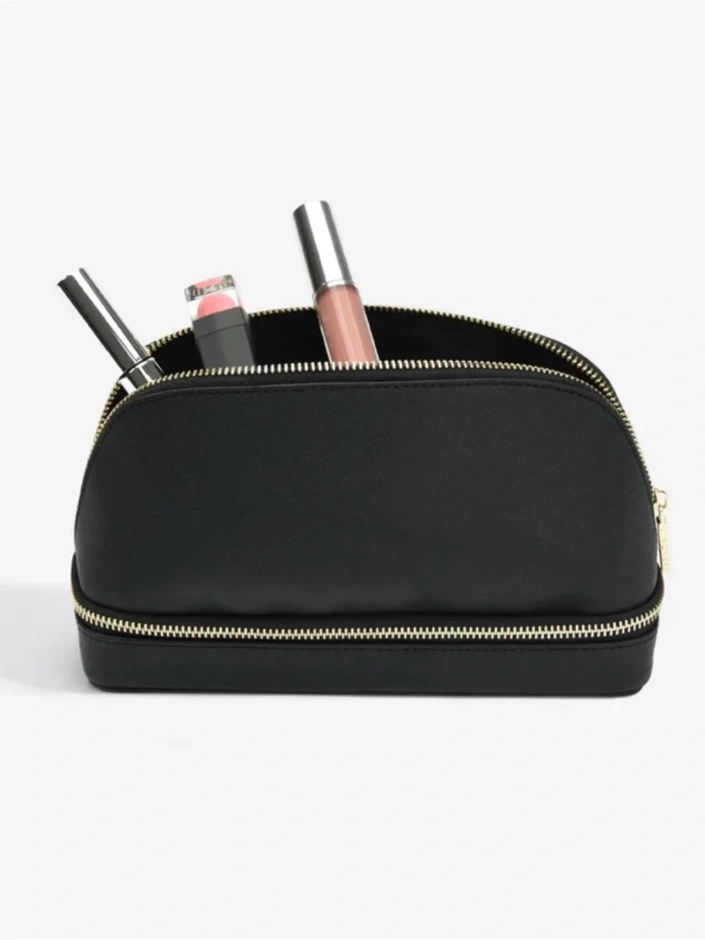 STACKERS Black Double-Zip Makeup Bag with Brush Storage travel case NWT pleather